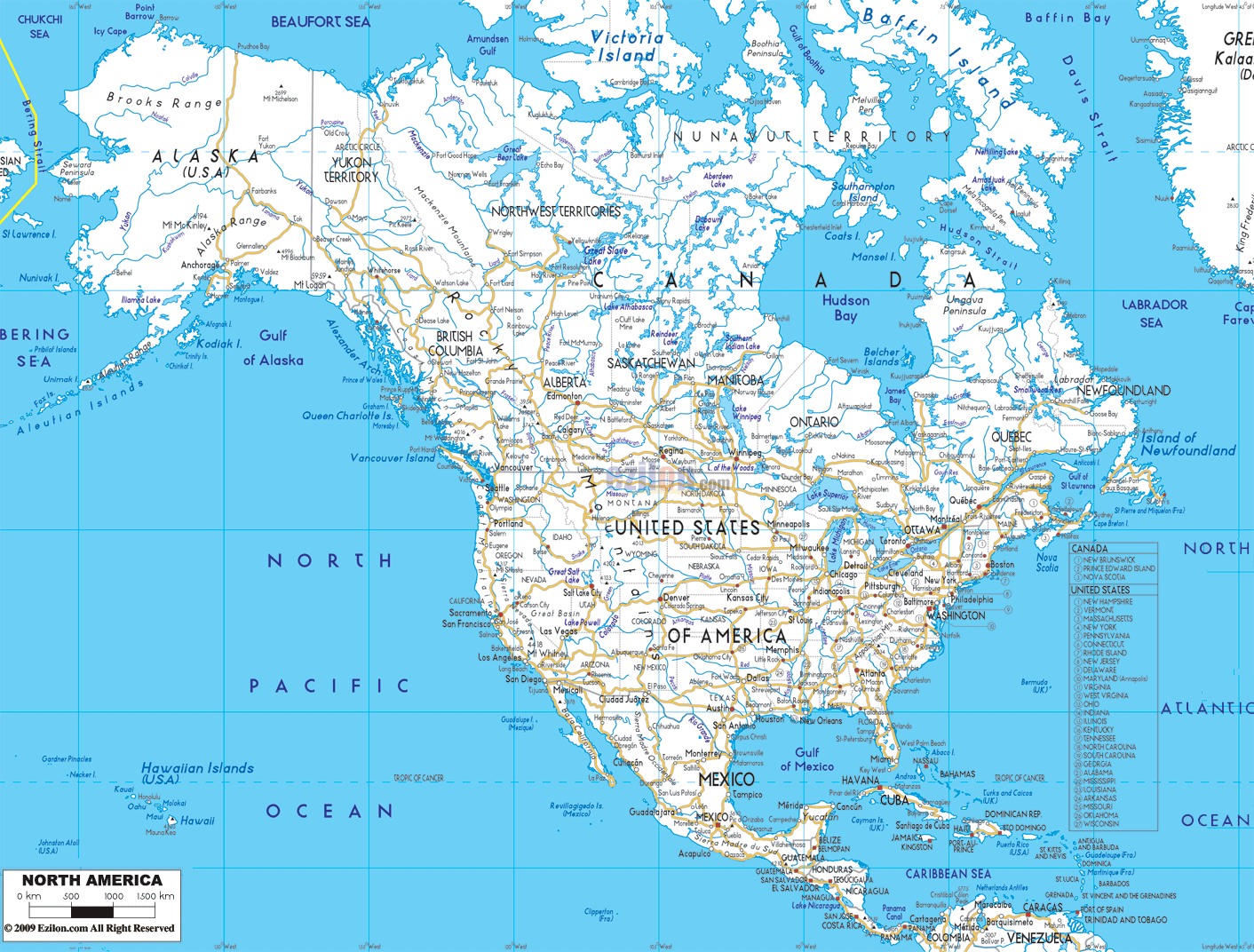 Detailed Clear Large Road Map of North America - Ezilon Maps