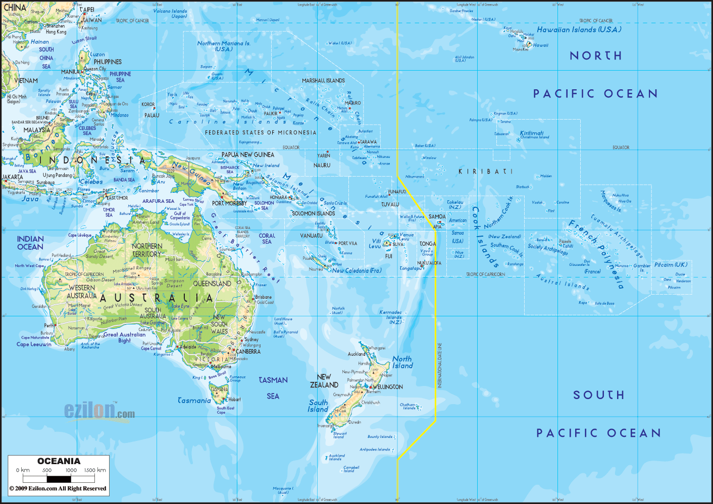 The Physical Map of Oceania showing major geographical features like elevations, mountain ranges, deserts, seas, lakes, plateaus, peninsulas, rivers, plains, landforms and other topographic features.