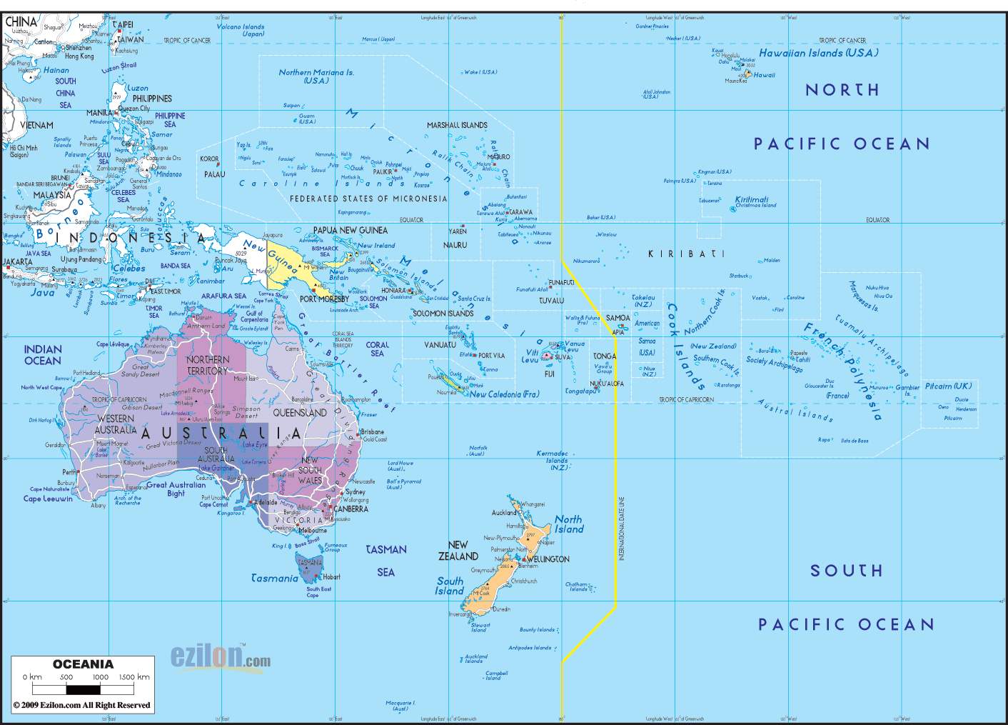 map of Oceania showing names of countries, capital cities, towns, states, islands, international date line, territories, provinces and boundaries of neighbouring countries.