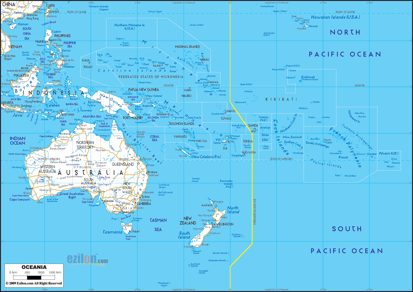 Detailed clear large road map of Oceania with road routes from cities to towns, road intersections to provinces and perfectures.