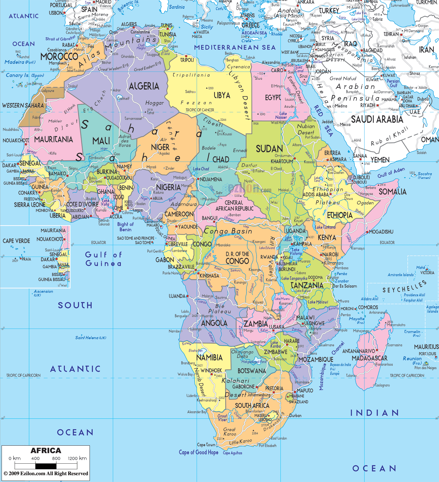 Detailed large map of Africa showing all African countries, names of capital cities, states, towns, provinces and boundaries with neighboring countries.