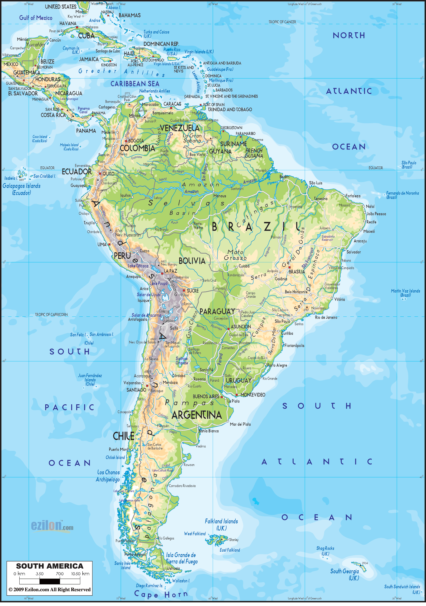 Physical Map Of Latin America