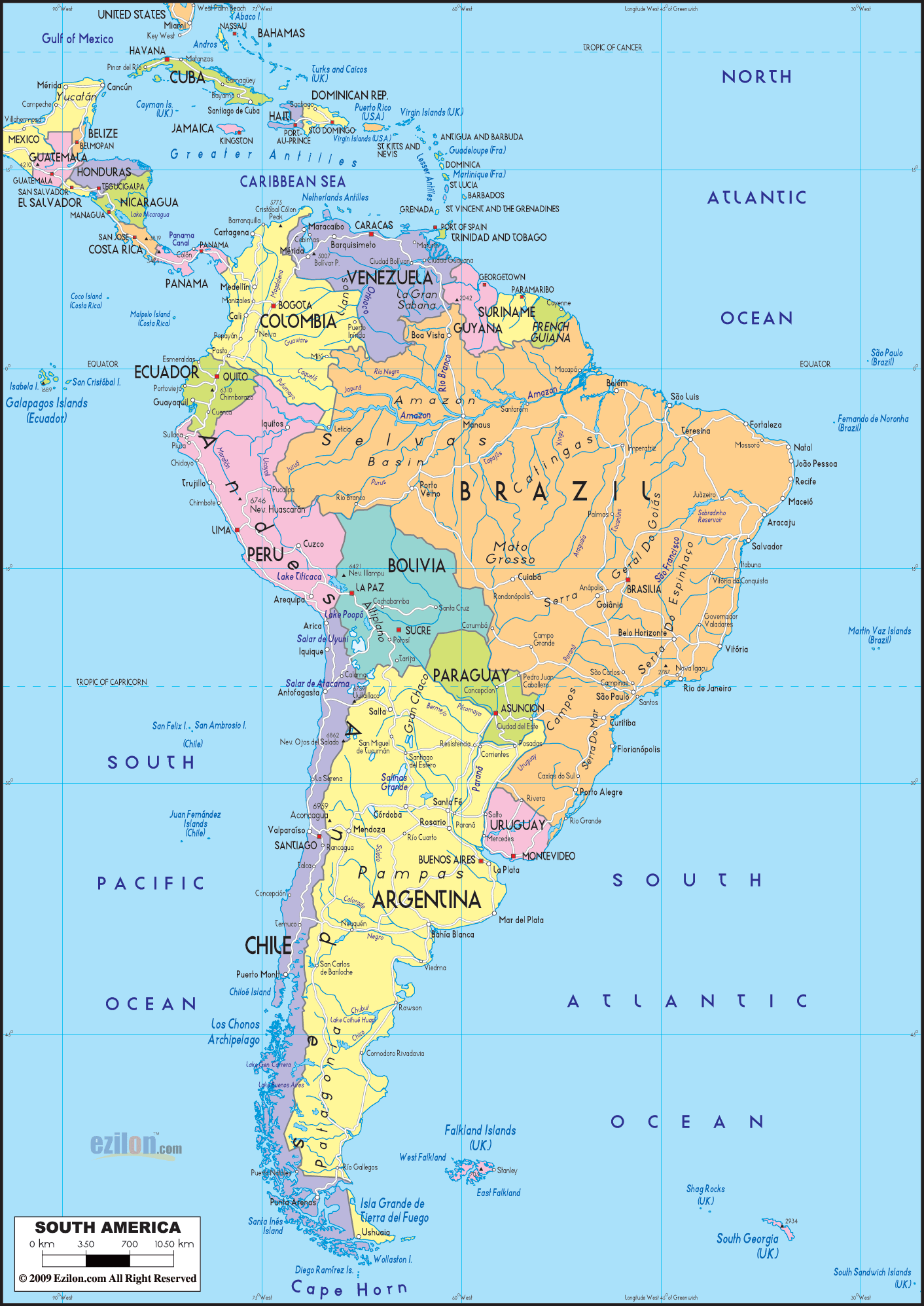 Detailed clear large map of South America showing countries, cities, towns, states, provinces and boundaries of neighbouring countries.