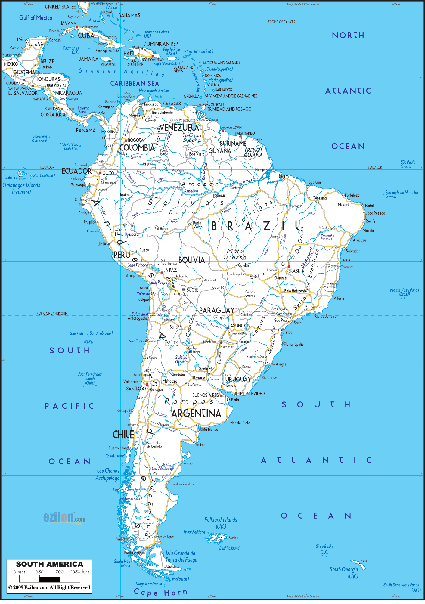Detailed Clear Large Road Map of South America - Ezilon Maps