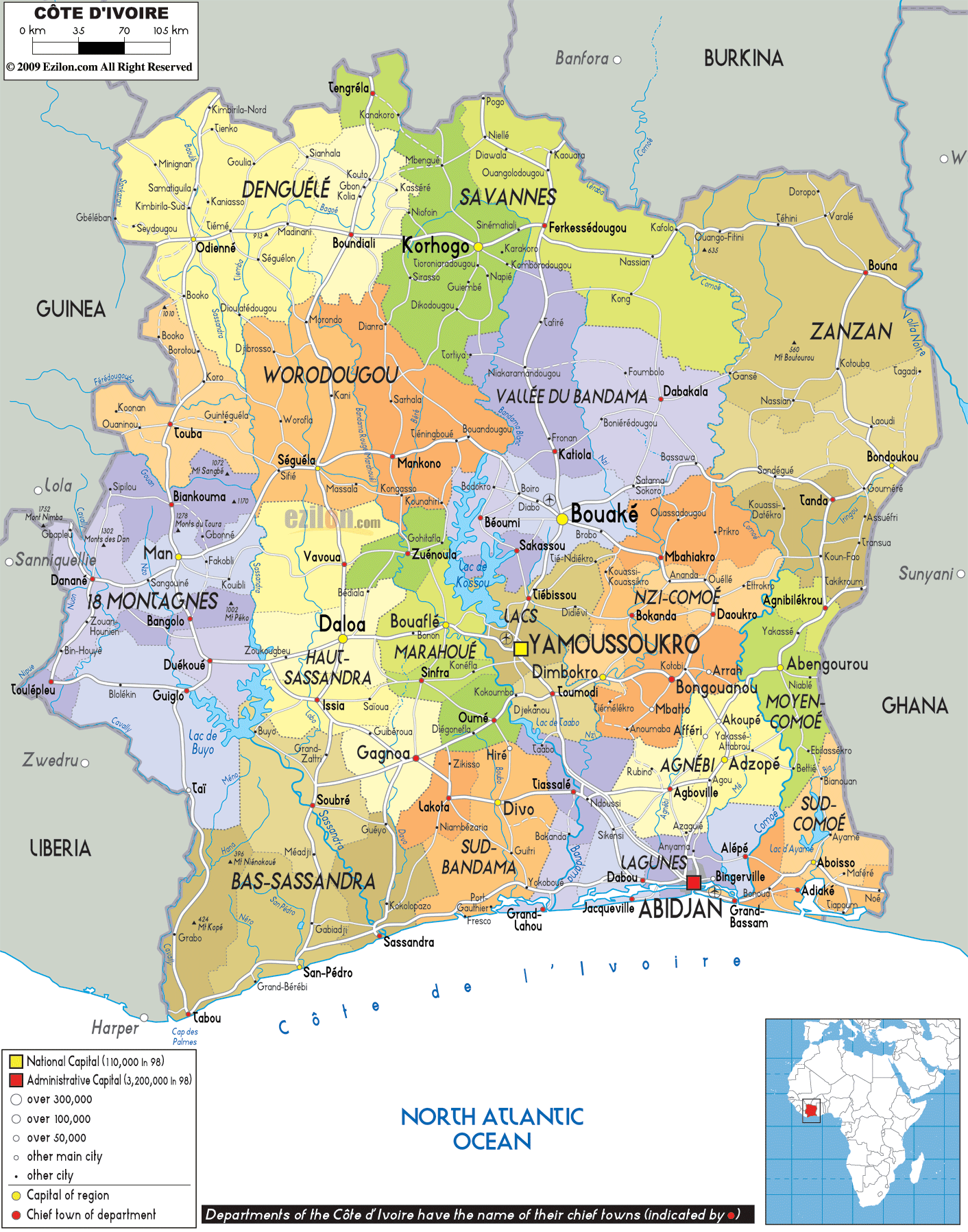 Detailed Political Map of Ivory Coast - Ezilon Maps