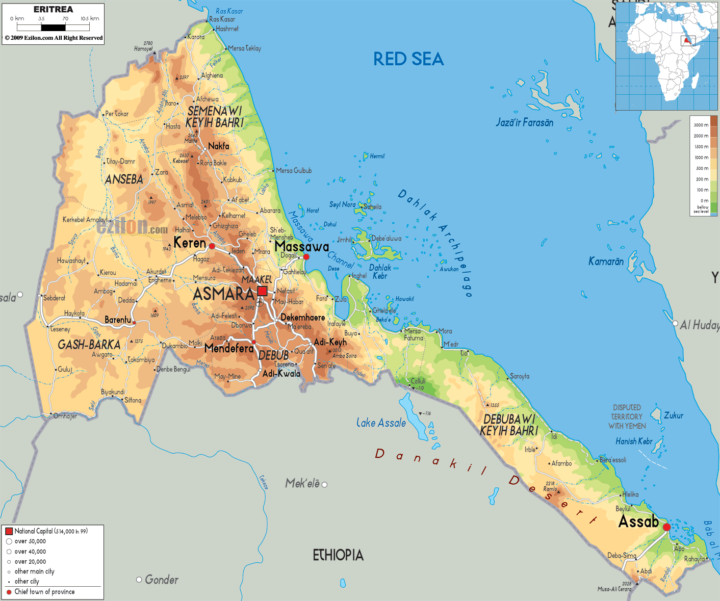 Physical Map  of Eritrea  Ezilon Maps 