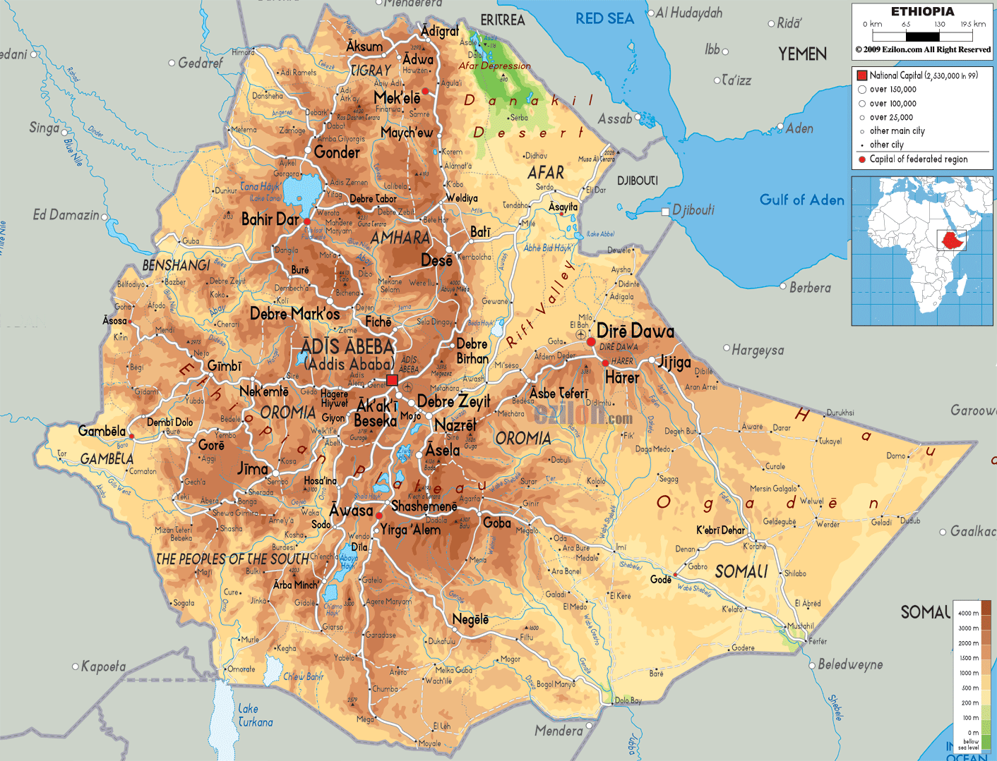 Physical Map of Ethiopia - Ezilon Maps