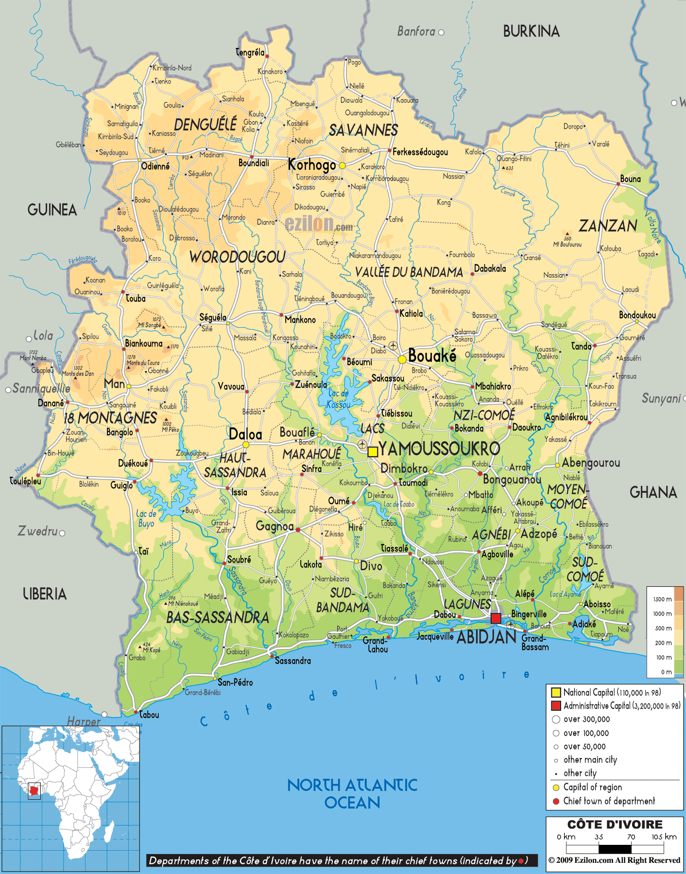 Physical Map of Ivory Coast - Ezilon Maps
