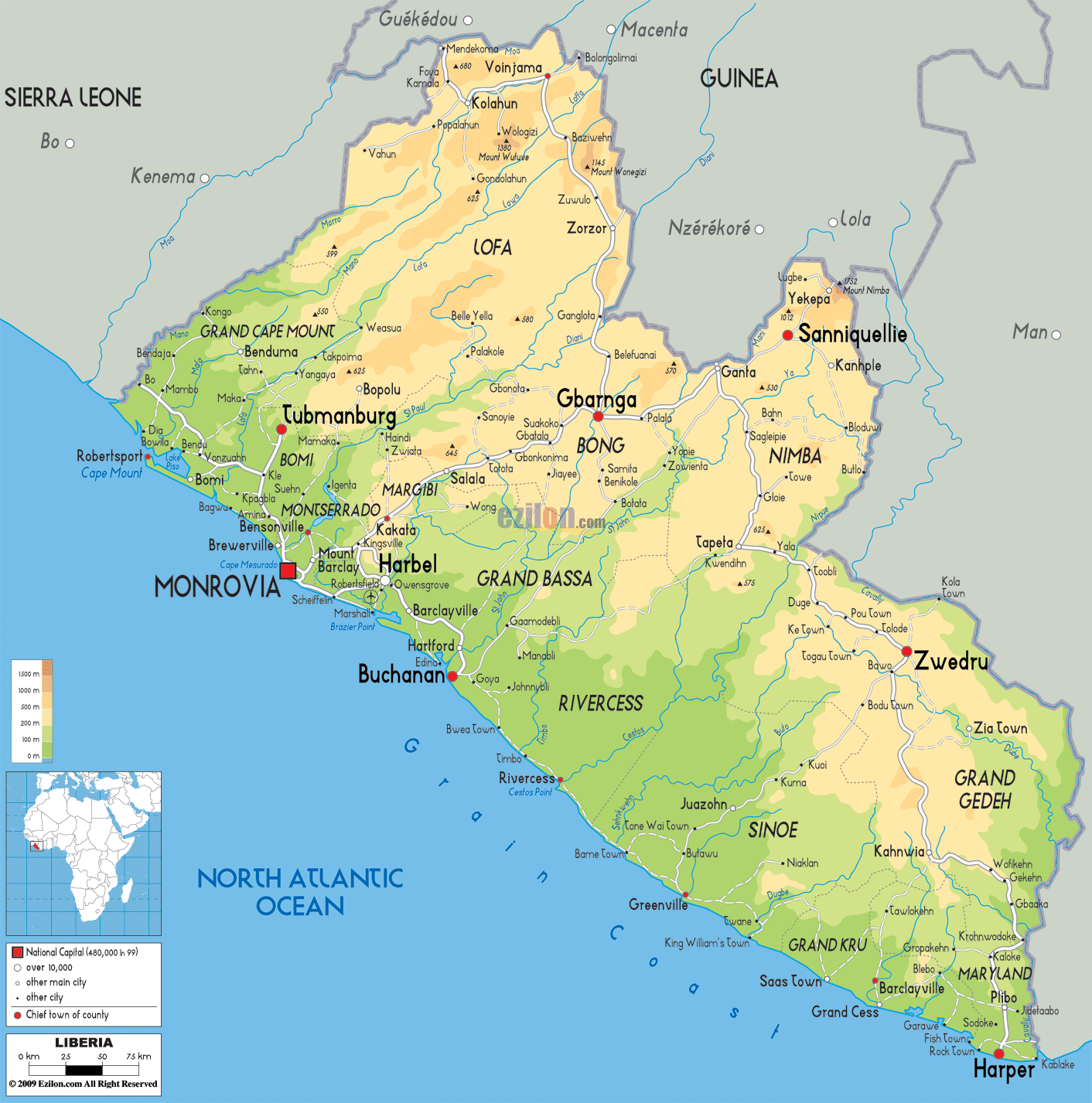 Physical Map Of Liberia Ezilon Maps