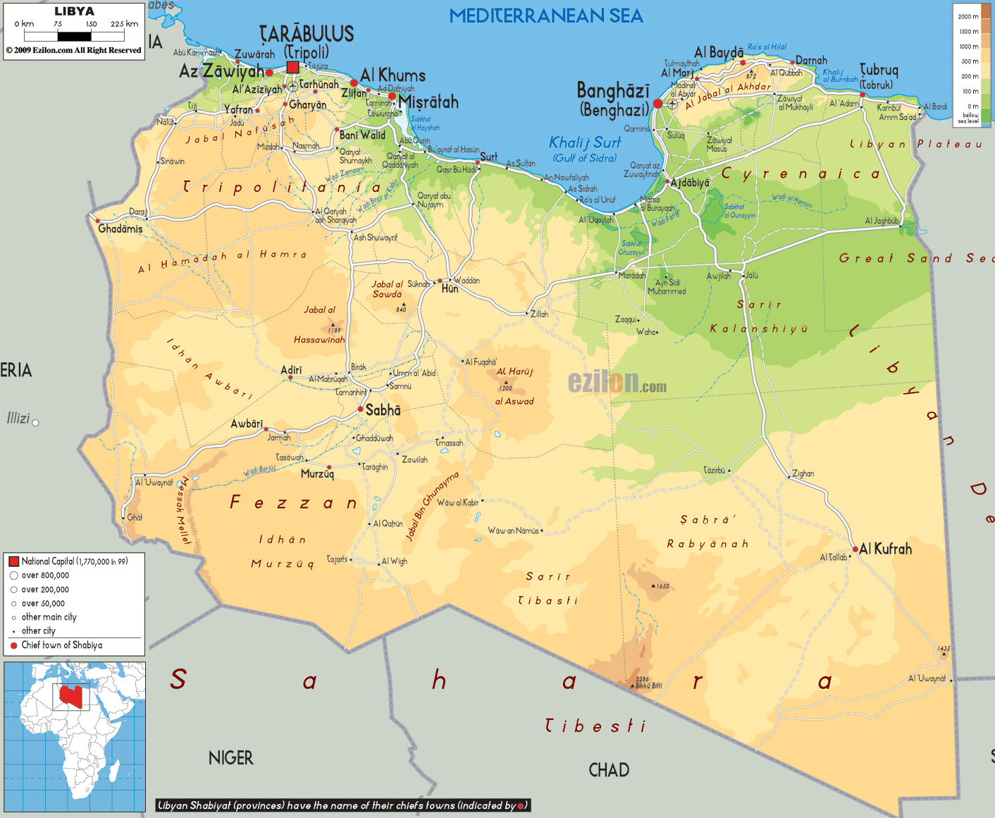 Physical Map of Libya - Ezilon Maps