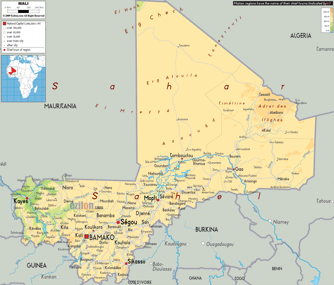 Physical Map of Mali - Ezilon Maps