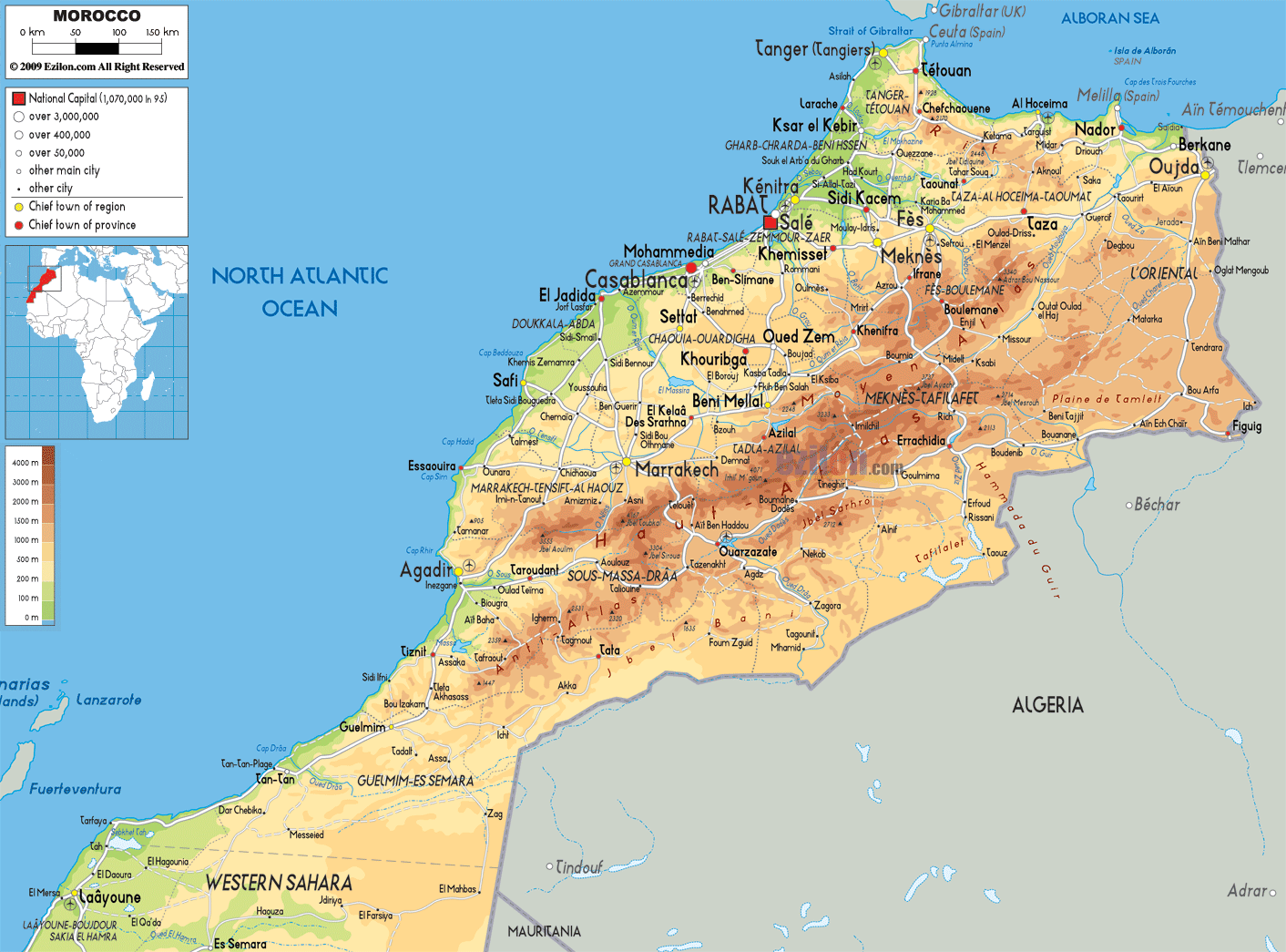 Physical Map of Morocco - Ezilon Maps