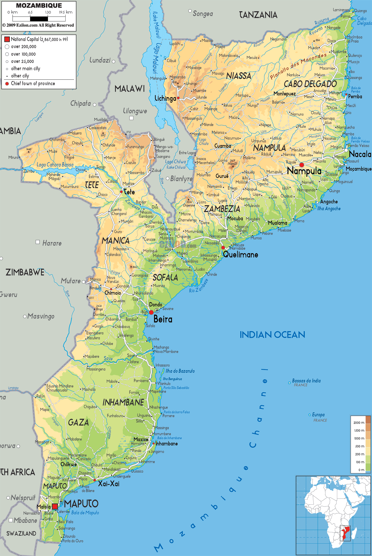 Physical Map Of Mozambique Ezilon Maps Physical Map Of Mozambique Ezilon Maps
