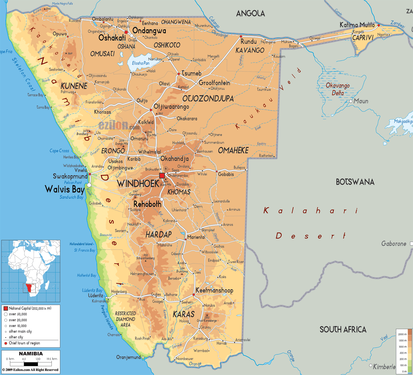 Physical Map of Namibia - Ezilon Maps