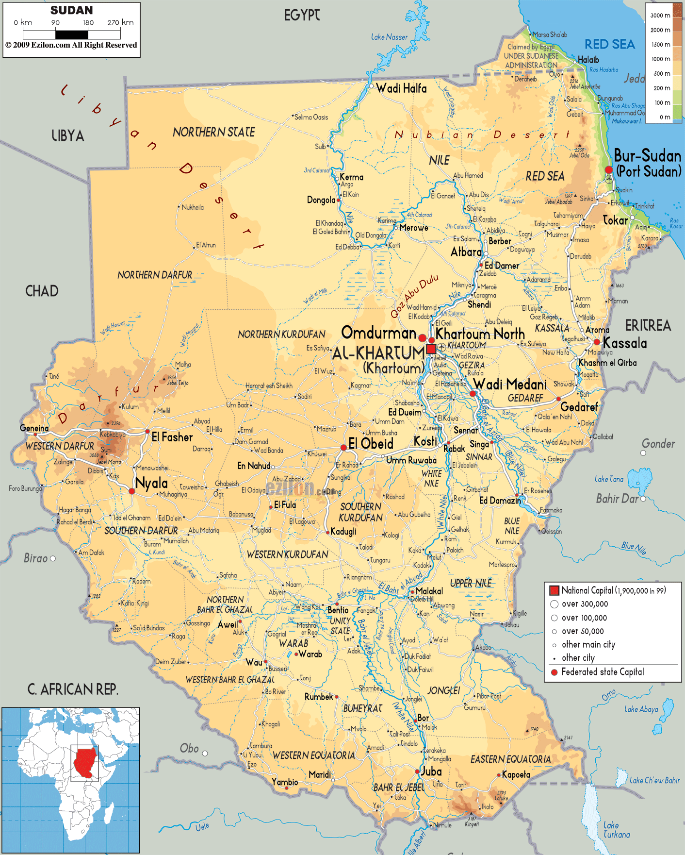 Physical Map of Sudan - Ezilon Maps