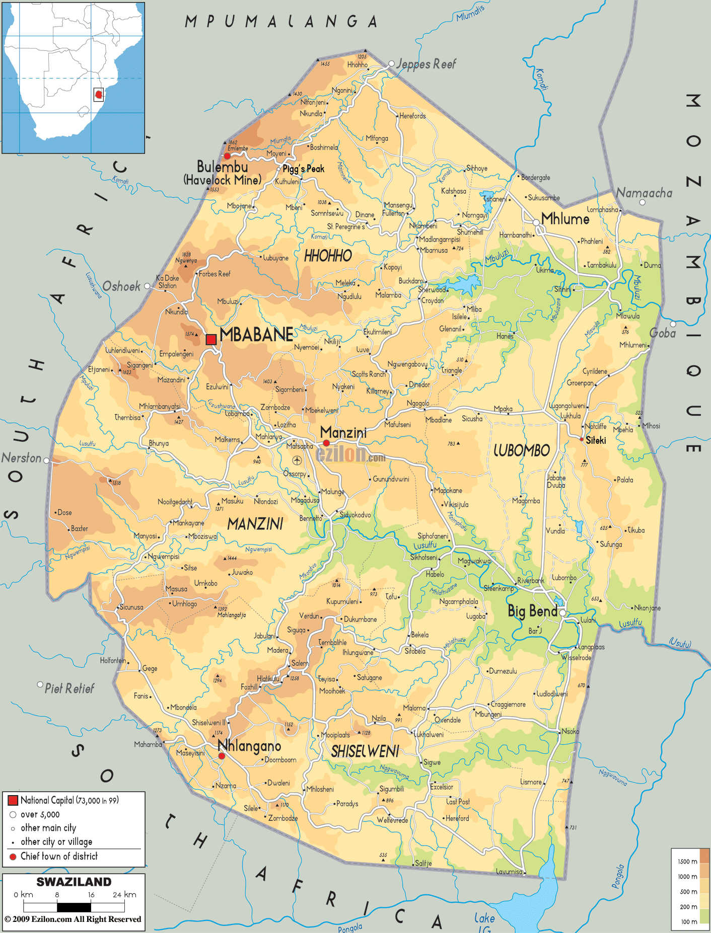 Physical Map Of Swaziland With Highlands Mountains And Savanna 