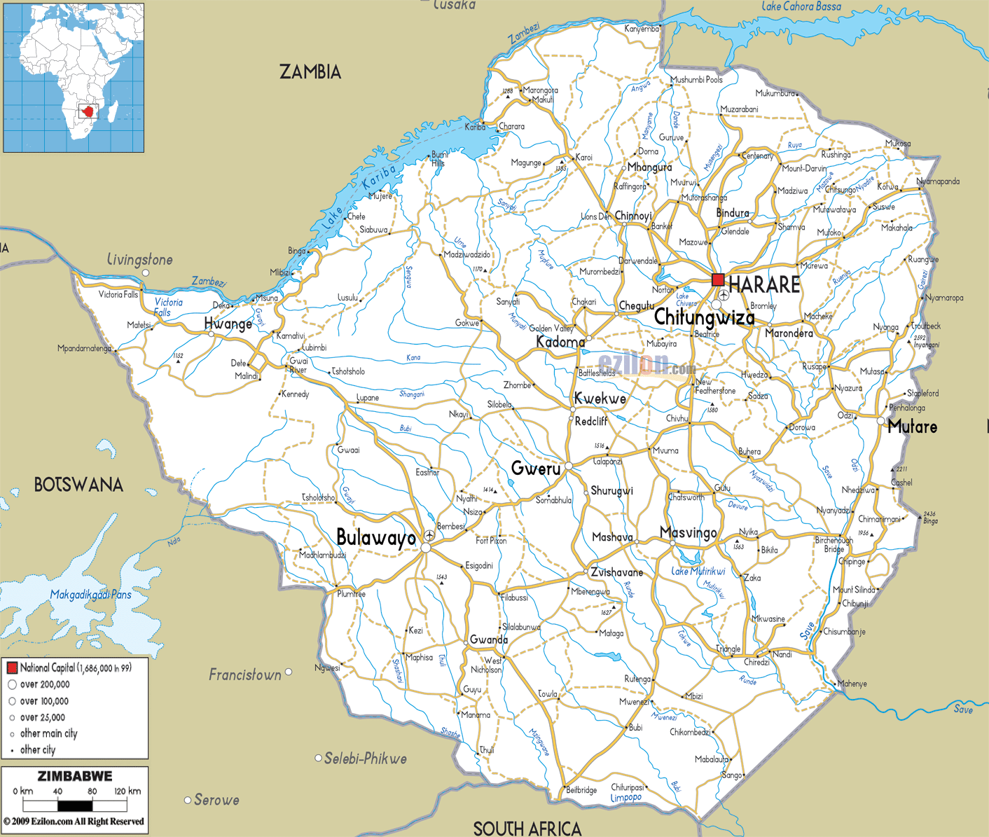 Detailed Clear Large Road Map of Zimbabwe - Ezilon Maps
