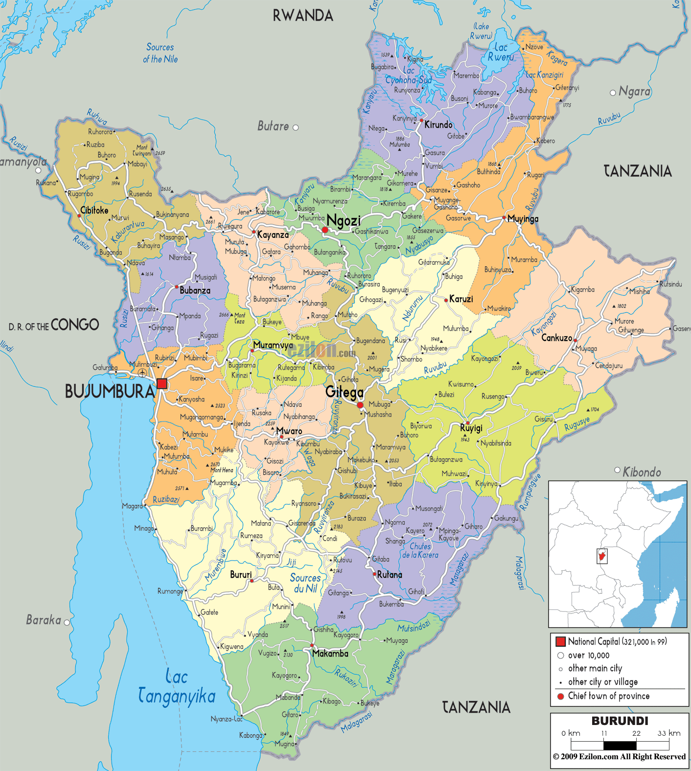 Detailed Political Map of Burundi - Ezilon Maps