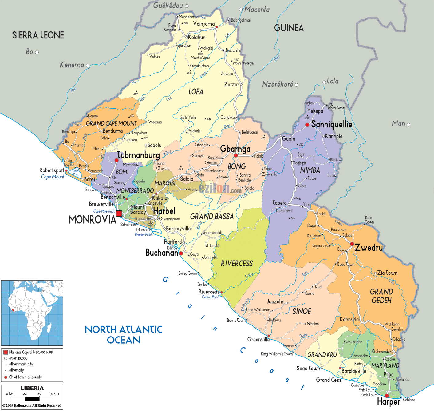 Detailed Political Map Of Liberia Ezilon Maps