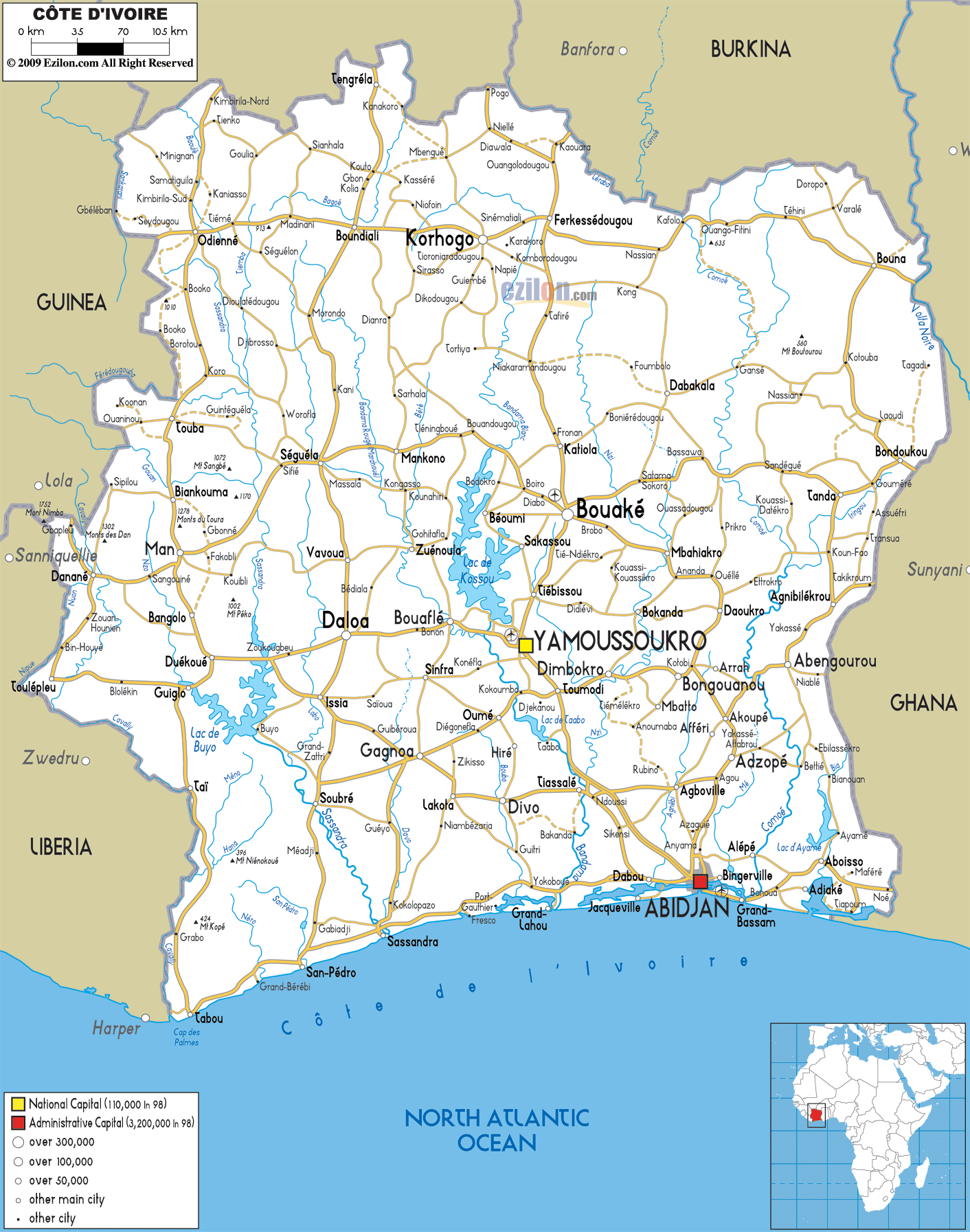 Detailed Clear Large Road Map of Ivory Coast - Ezilon Maps