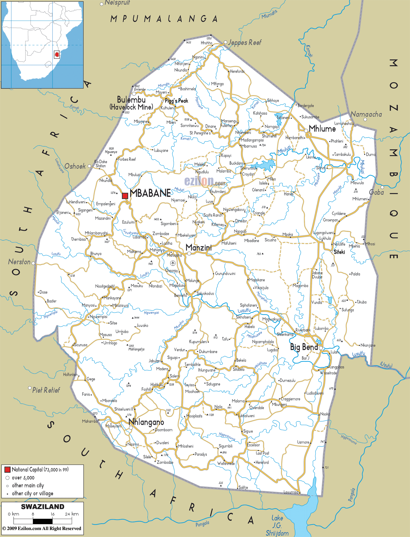Road Map Of Swaziland With Highways And Expressways Ezilon Maps