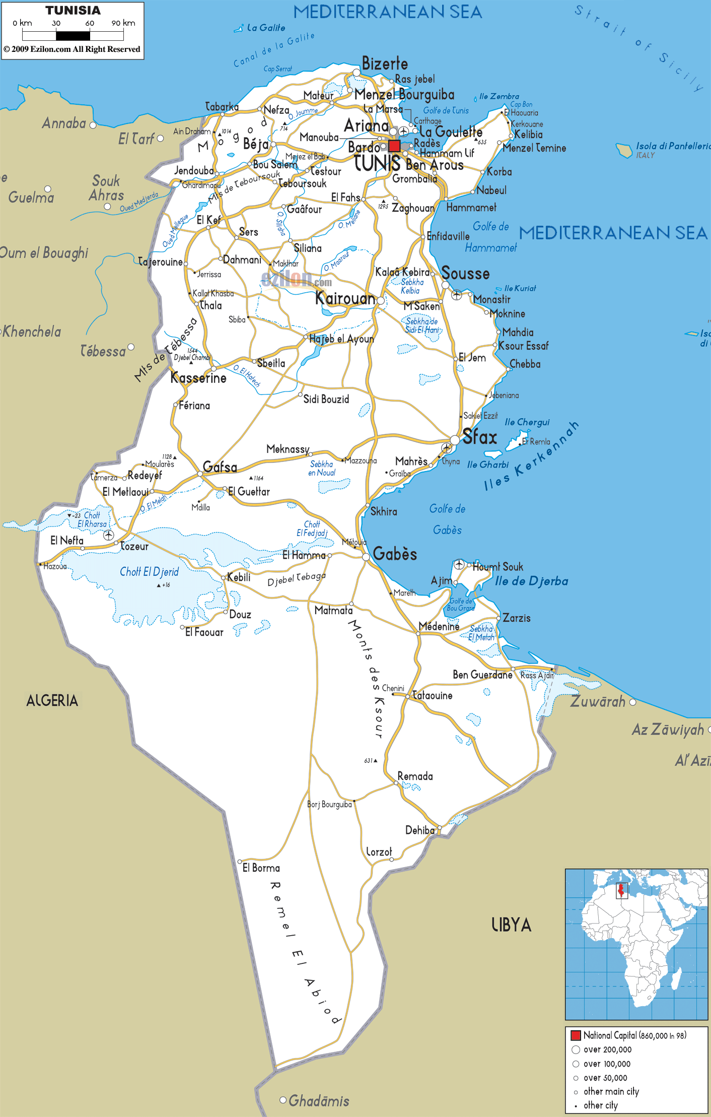 Detailed Clear Large Road Map of Tunisia - Ezilon Maps