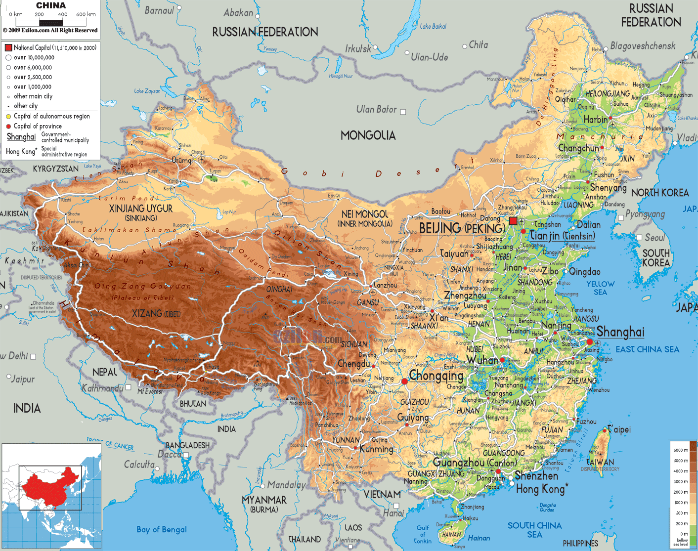 Physical Map Of China Ezilon Maps