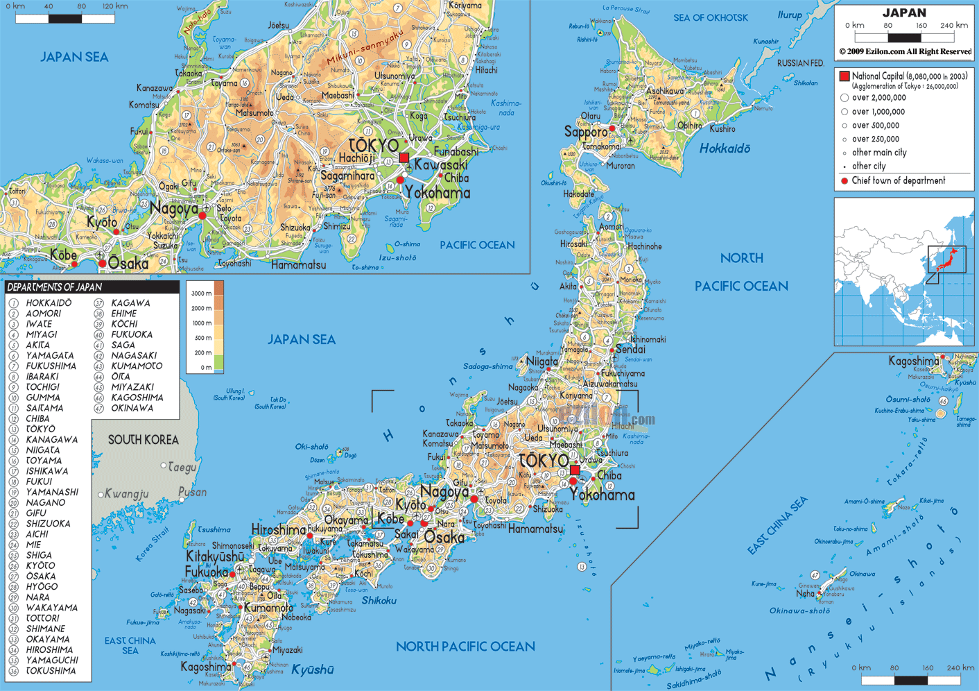 Physical Map of Japan - Ezilon Maps
