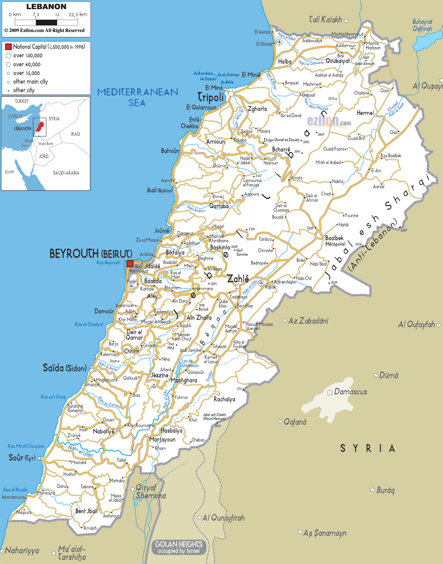 Detailed Clear Large Road Map of Lebanon - Ezilon Maps