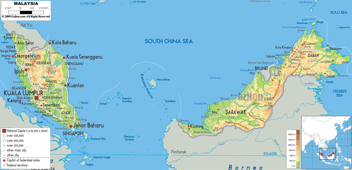 Physical Map of Malaysia - Ezilon Maps