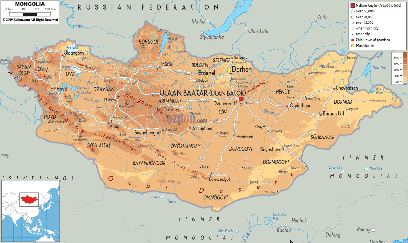 Physical Map of Mongolia - Ezilon Maps