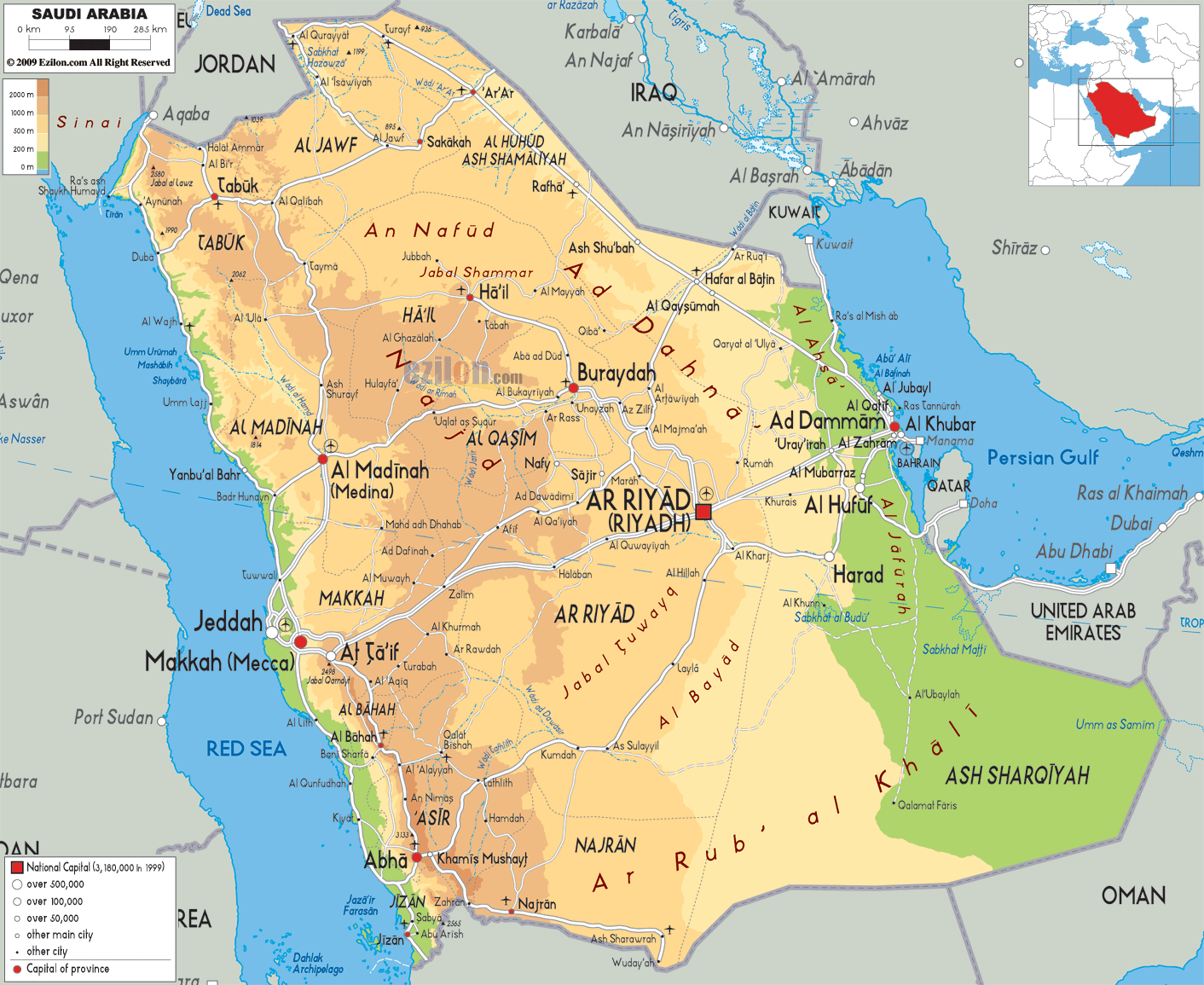 Physical Map of Saudi Arabia - Ezilon Maps