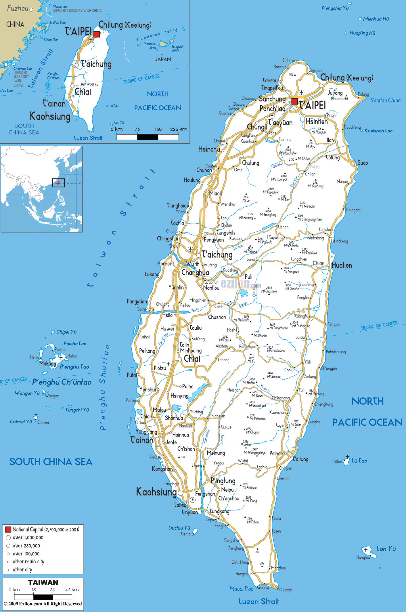 Detailed Clear Large Road Map of Taiwan - Ezilon Maps