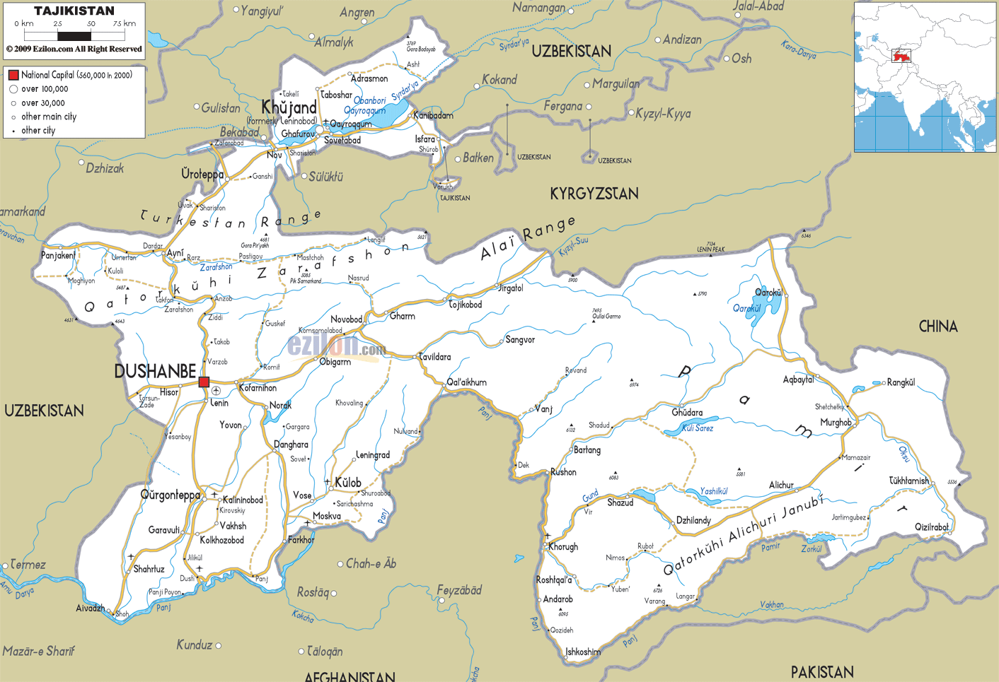 Detailed Clear Large Road Map of Tajikistan - Ezilon Maps