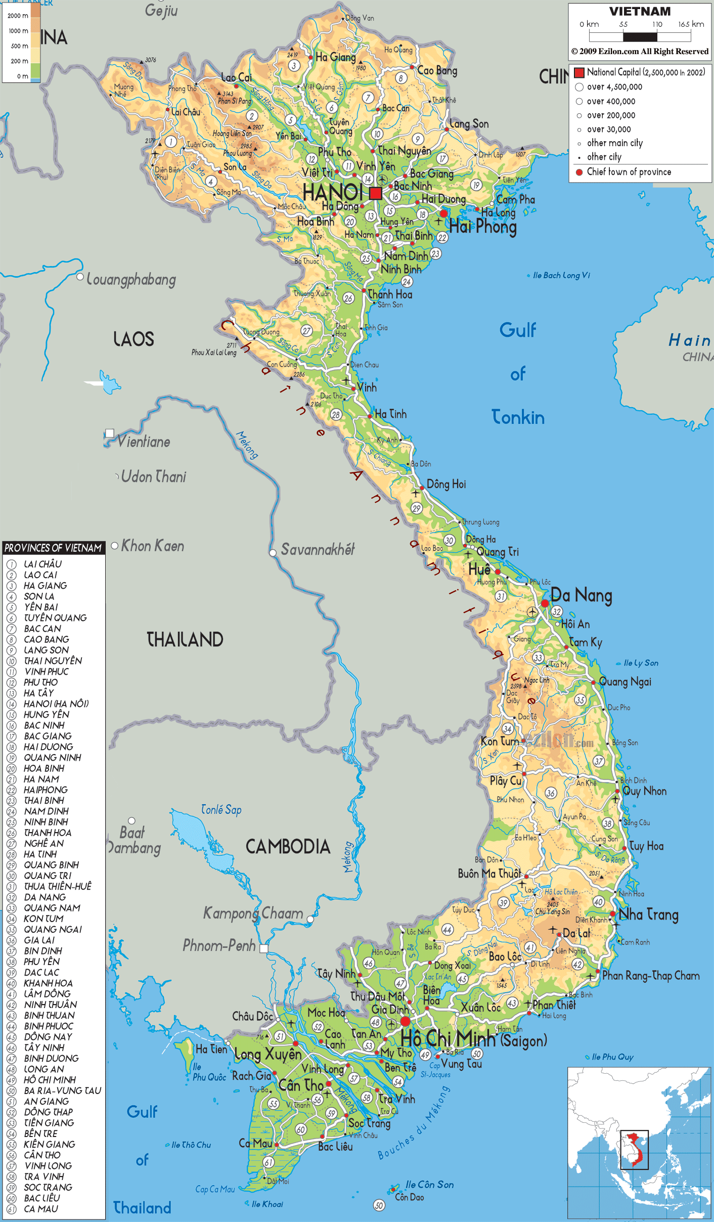 Physical Map of Vietnam - Ezilon Map
