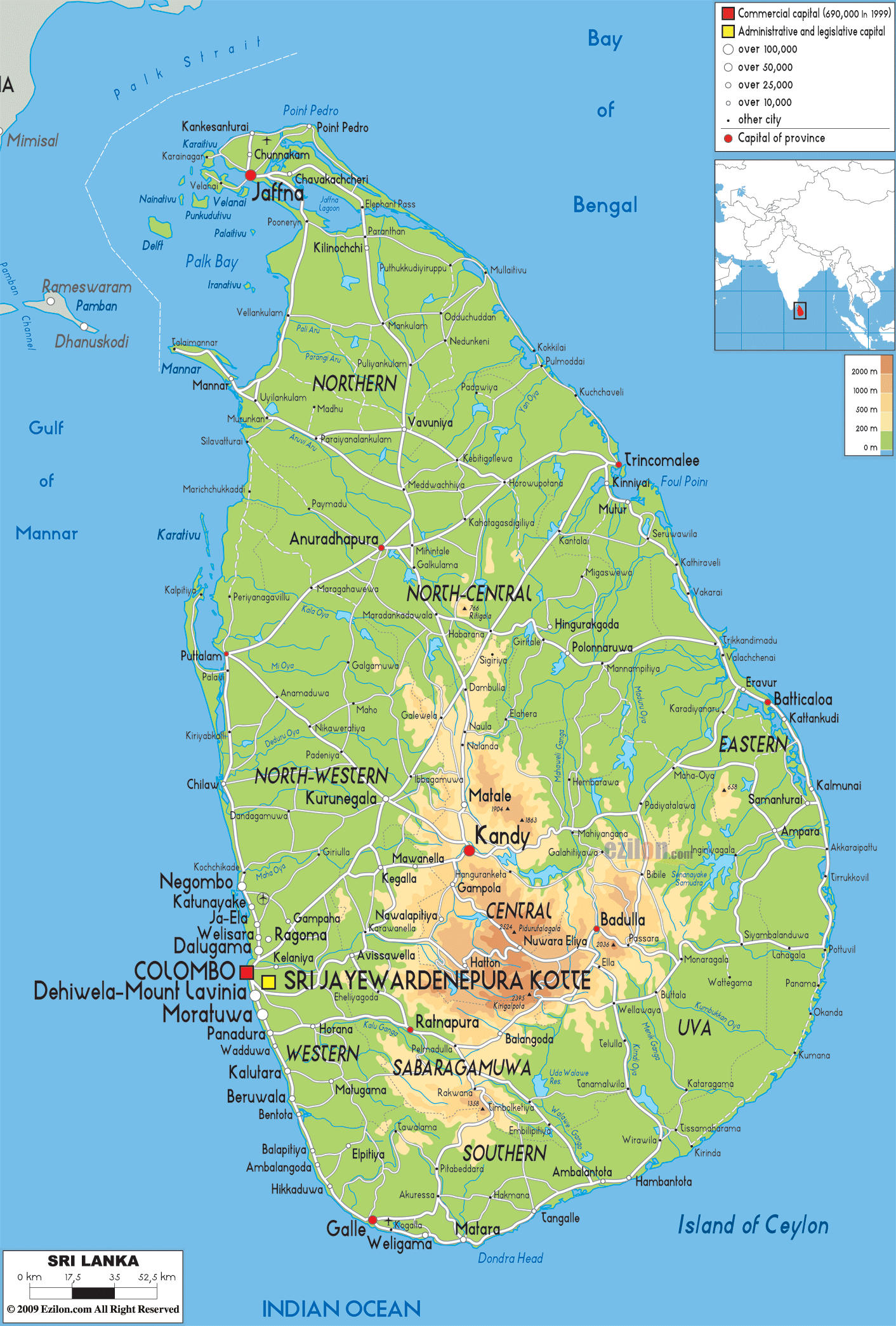 Sri Lanka Physical Map | Cities And Towns Map