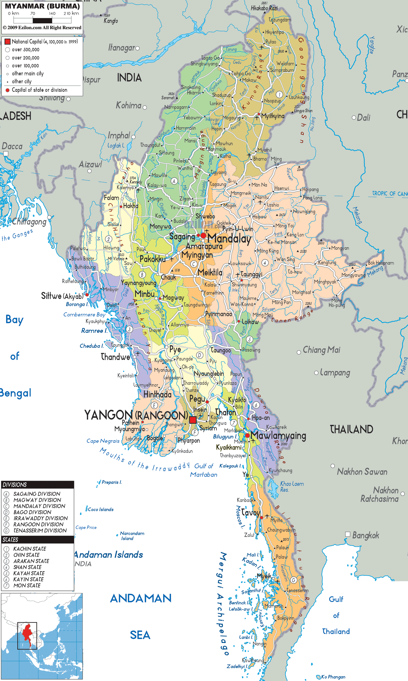 Detailed Political Map of Myanmar - Ezilon Maps
