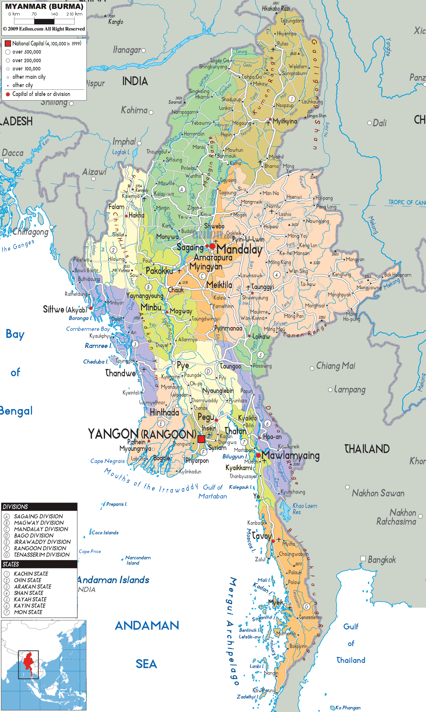 Detailed Political Map of Myanmar - Ezilon Maps