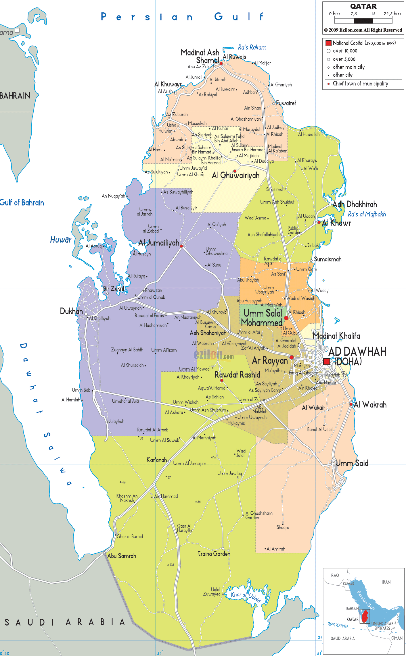Detailed Political Map of Qatar - Ezilon Maps