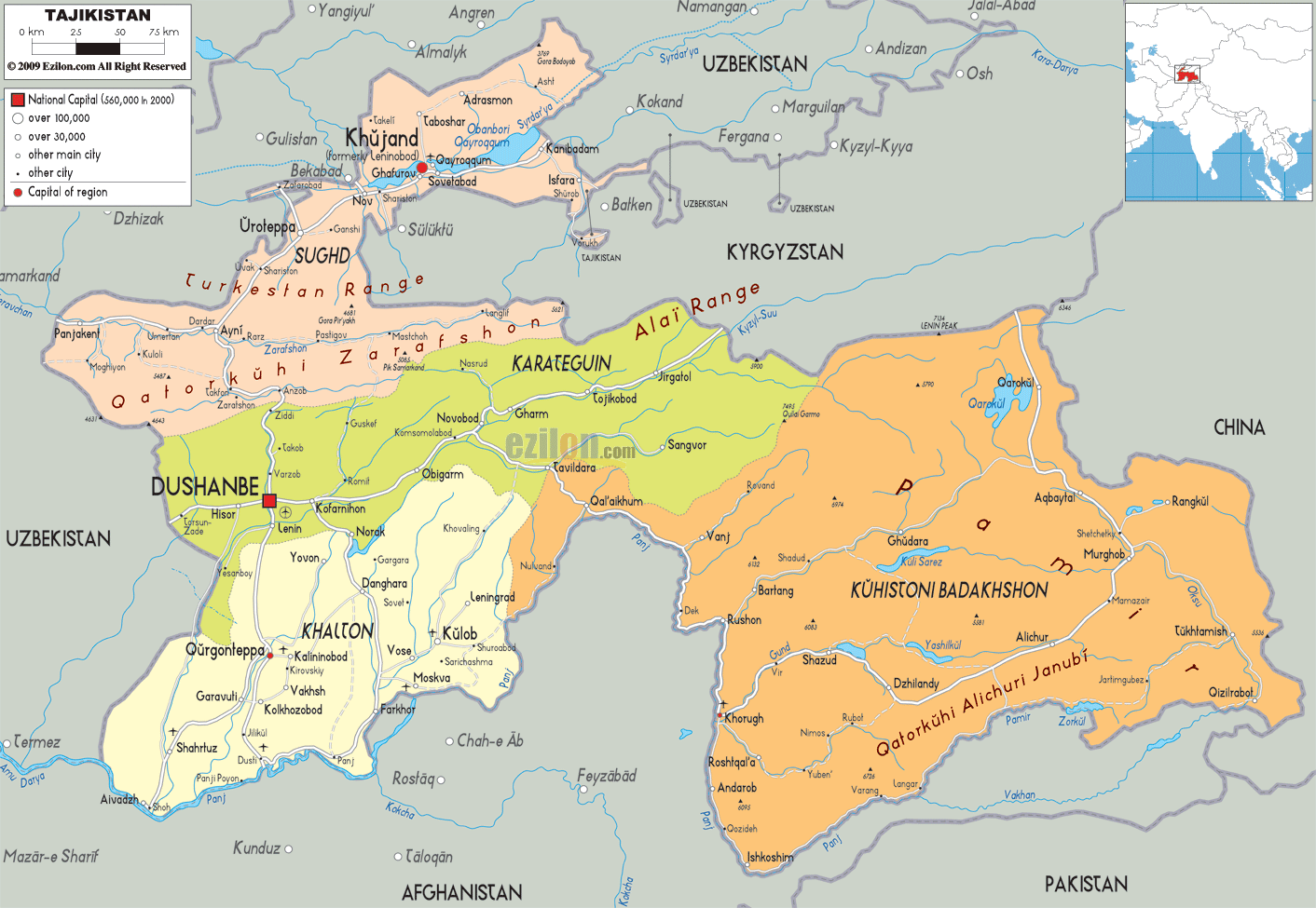 Detailed Political Map of Tajikistan - Ezilon Maps