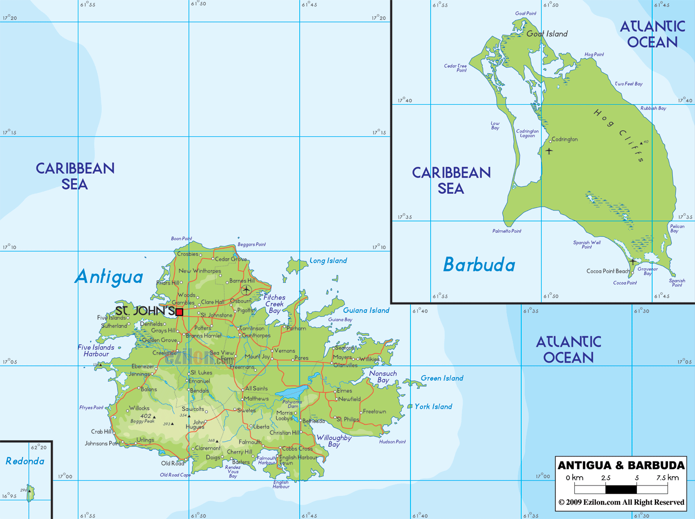 Physical Map of Antigua and Barbuda - Ezilon Maps