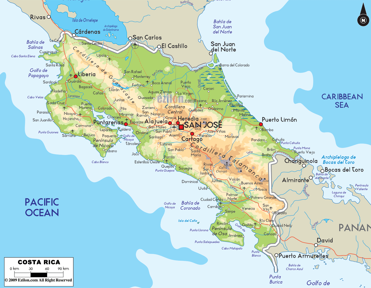 Physical Map of Costa Rica - Ezilon Maps