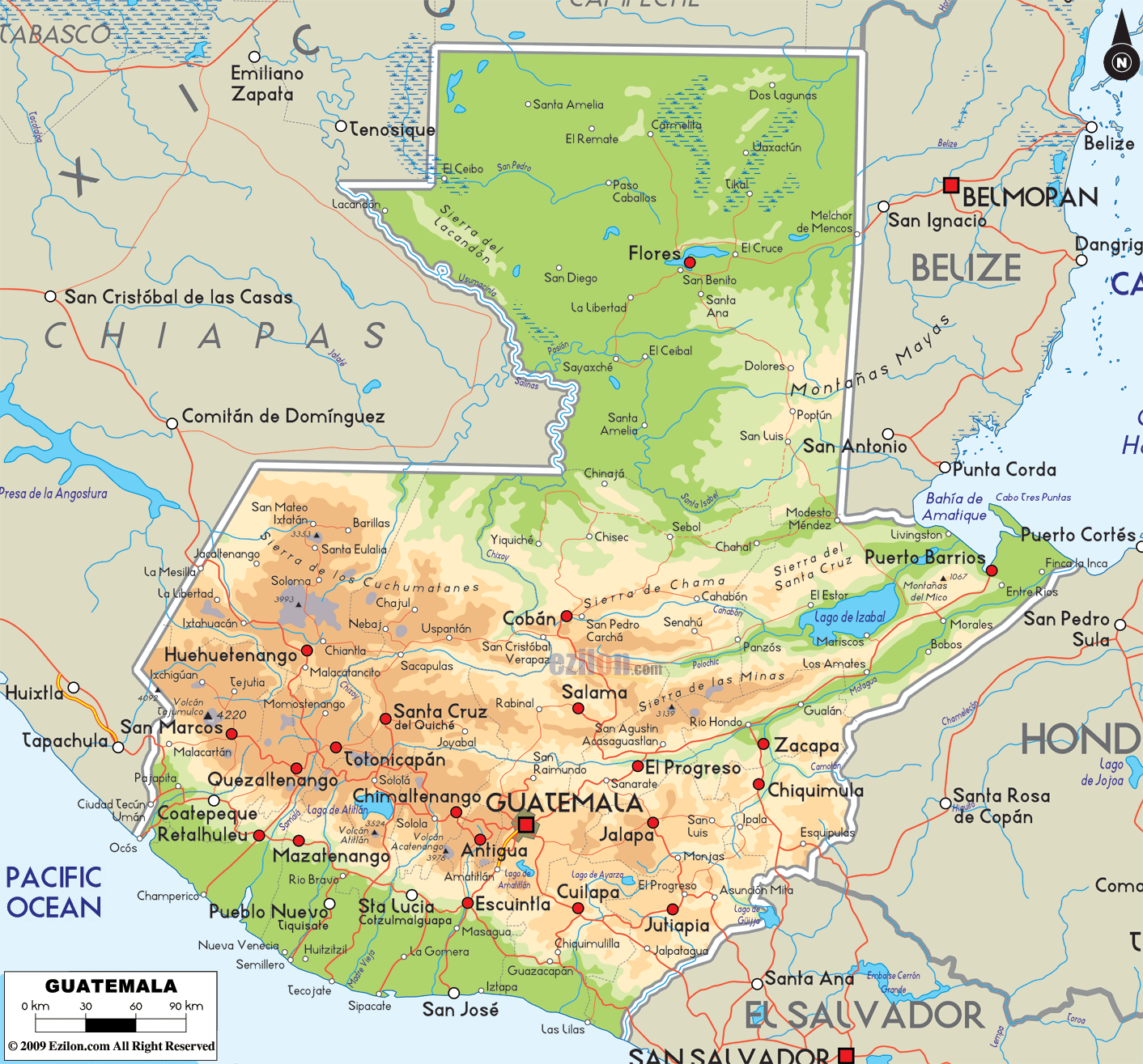 Physical Map of Guatemala  Ezilon Maps