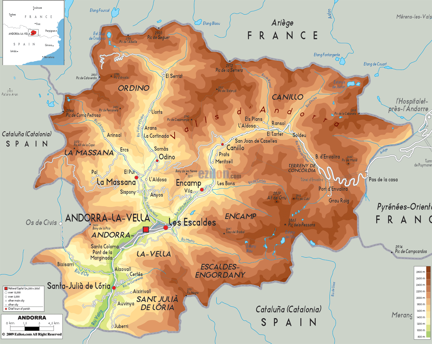 Physical Map of Andorra - Ezilon Maps