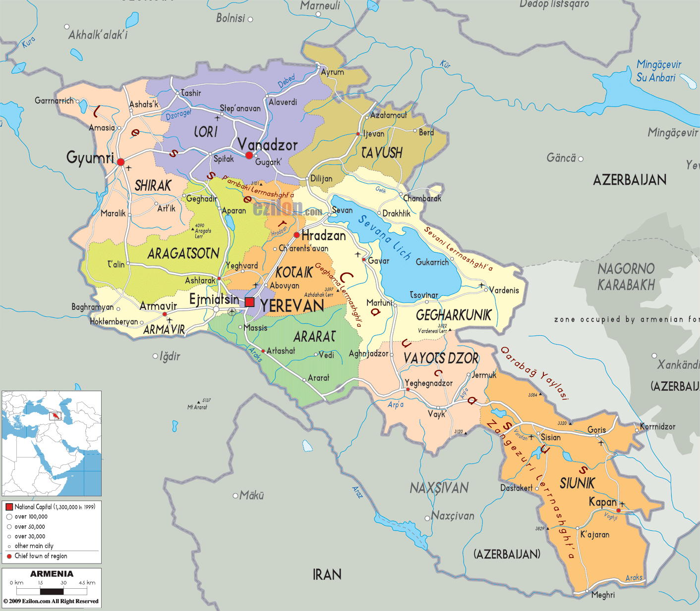 Detailed Political Map of Armenia - Ezilon Maps