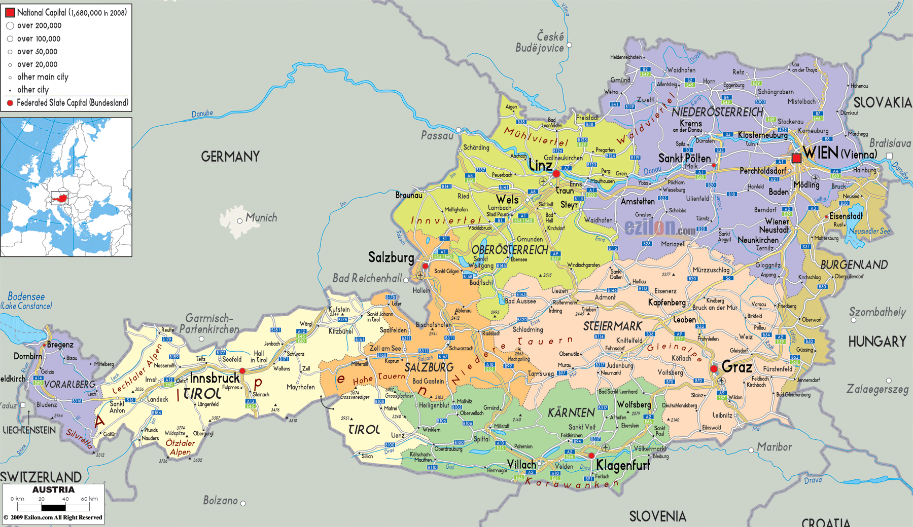 Detailed Political Map of Austria - Ezilon Maps