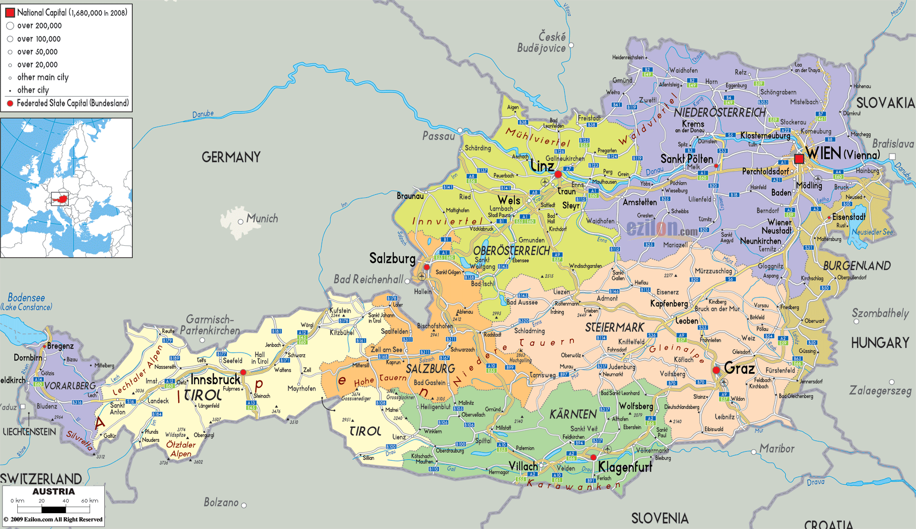 Map Of Austria Austria Map With Cities Towns And States Ezilon Maps