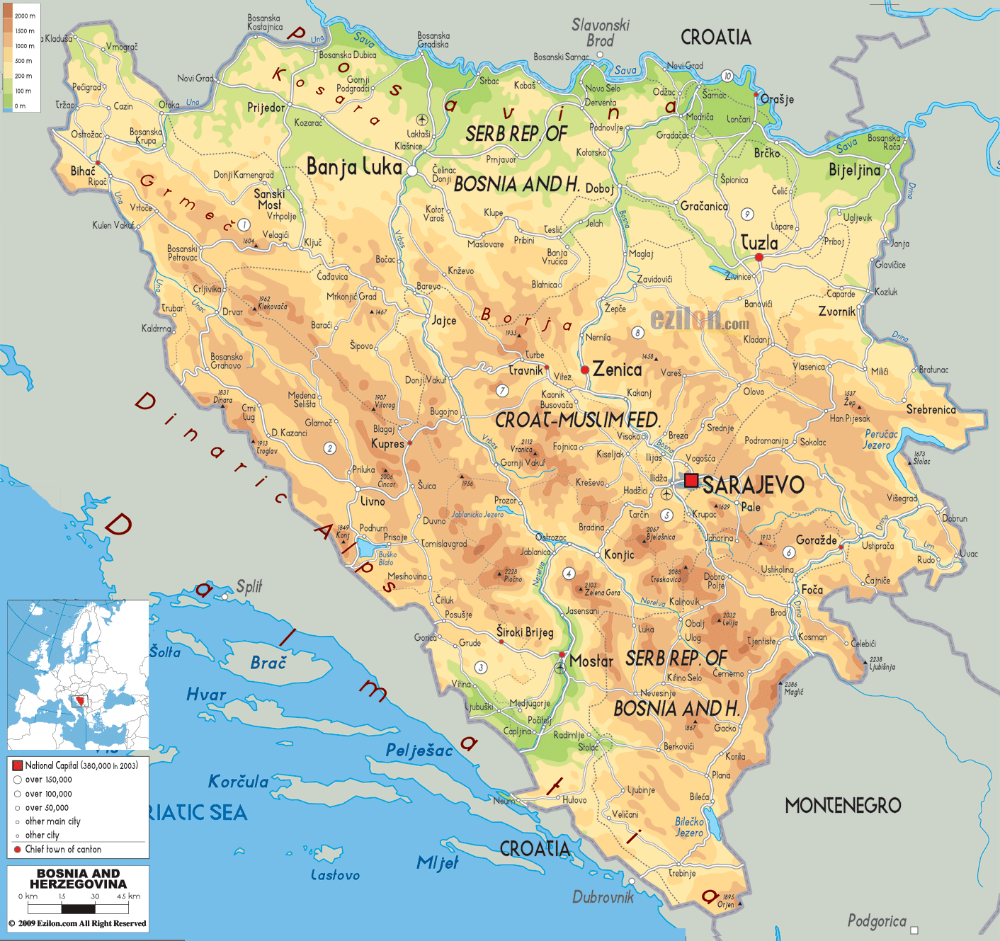 Physical Map of Bosnia and Herzegovina - Ezilon Maps