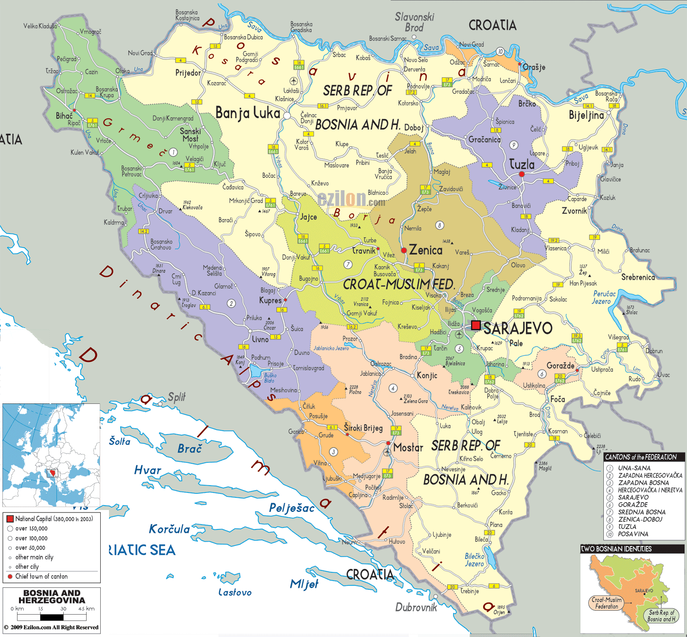 Detailed Political Map of Bosnia and Herzegovina - Ezilon Maps