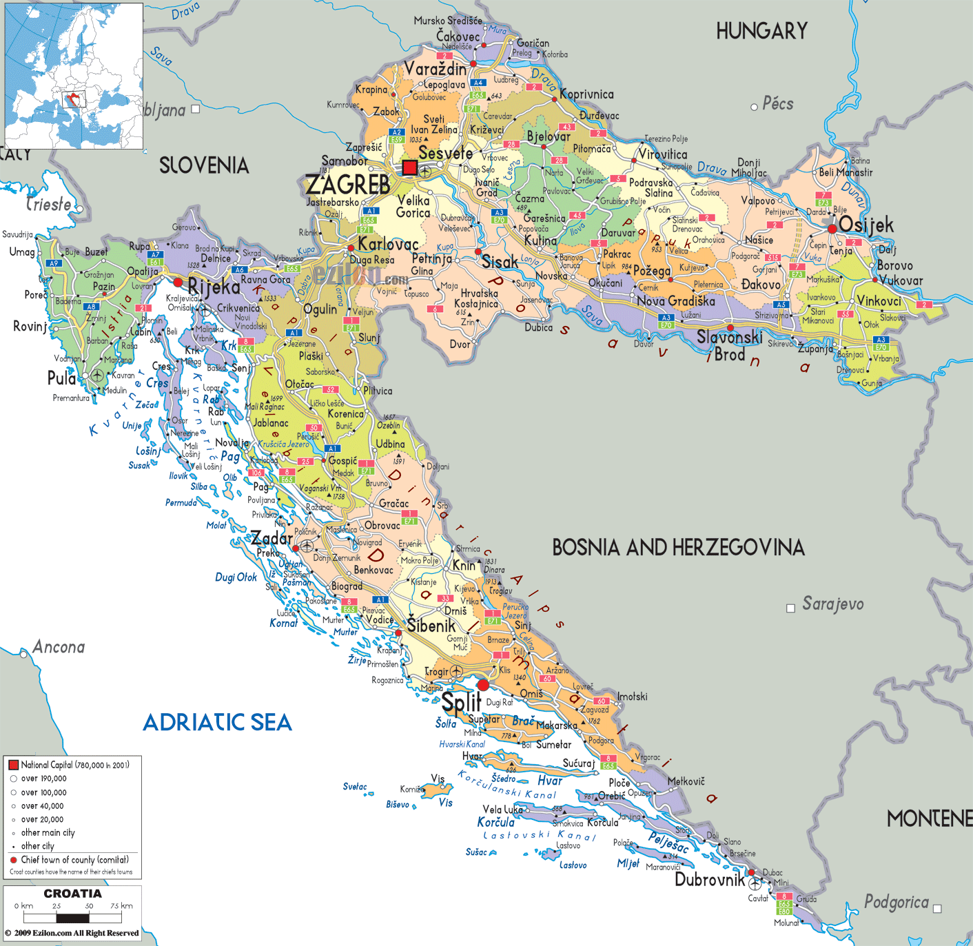 Detailed Political Map of Croatia - Ezilon Maps